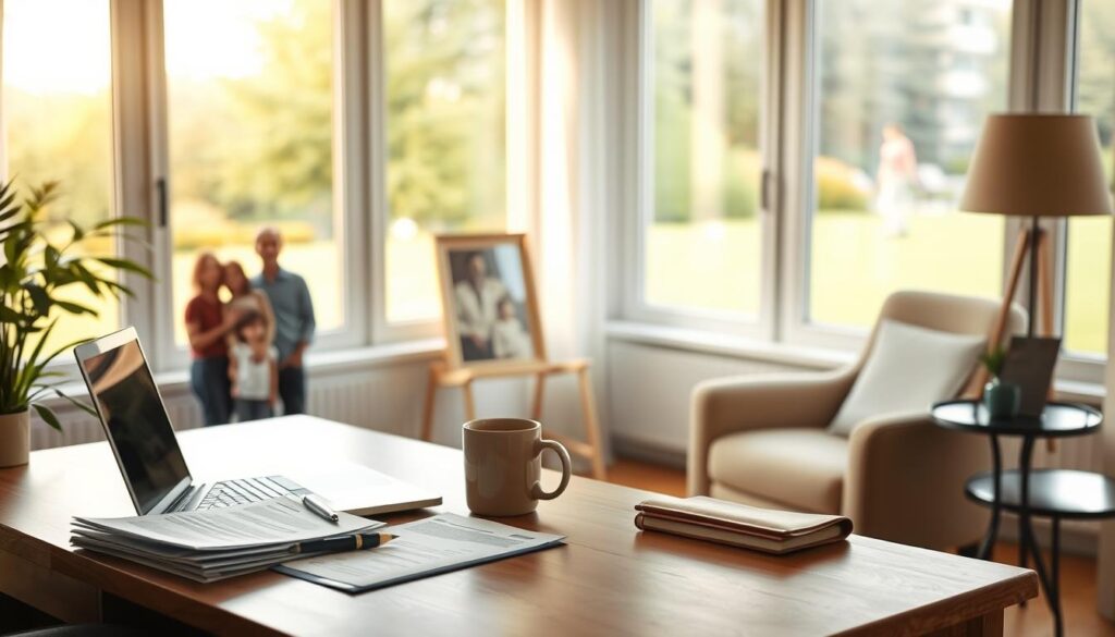 A serene home office setting, illuminated by warm natural lighting filtering through large windows. On the desk, an open laptop and a stack of financial documents, alongside a pen and a mug of coffee. In the foreground, a family portrait stands proud, symbolizing the purpose behind life insurance planning. The middle ground features a comfortable armchair and a side table with a life insurance policy document, conveying a sense of security and foresight. The background showcases a tranquil garden view, evoking a peaceful and contemplative atmosphere, ideal for making important decisions about the future. A serene home office setting, illuminated by warm natural lighting filtering through large windows. On the desk, an open laptop and a stack of financial documents, alongside a pen and a mug of coffee. In the foreground, a family portrait stands proud, symbolizing the purpose behind life insurance planning. The middle ground features a comfortable armchair and a side table with a life insurance policy document, conveying a sense of security and foresight. The background showcases a tranquil garden view, evoking a peaceful and contemplative atmosphere, ideal for making important decisions about the future.