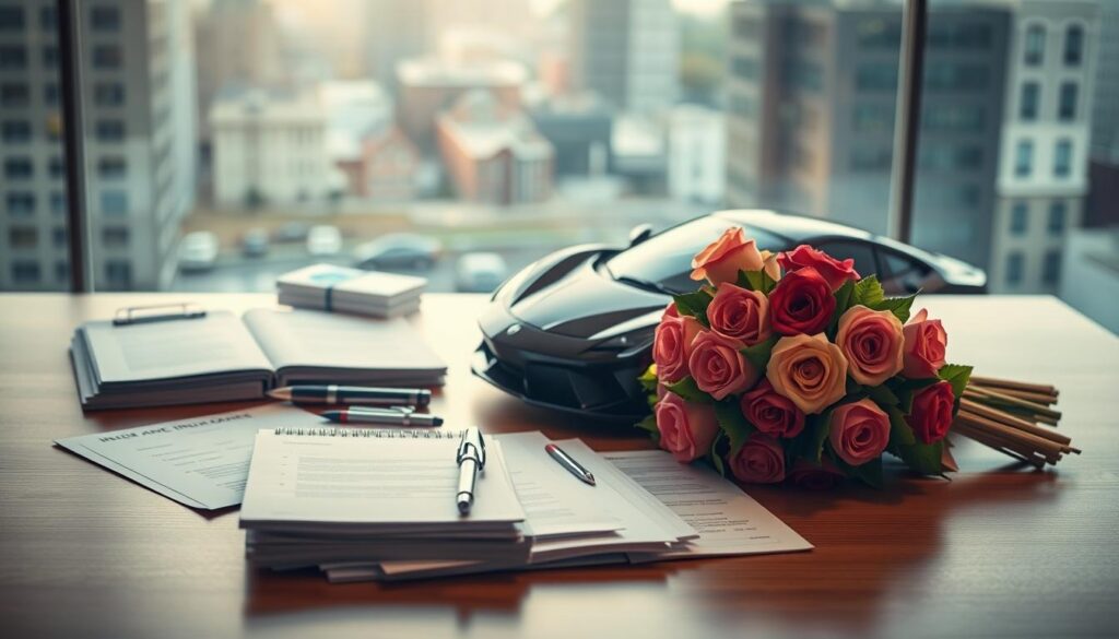 An elegantly arranged still life depicting the intersection of auto, dating, and insurance deals. In the foreground, a sleek sports car and a bouquet of romantic flowers rest on a polished wooden table, bathed in soft, warm lighting. In the middle ground, various insurance documents and brochures are neatly organized, conveying the financial security aspect of the trifecta. The background features a subtly blurred cityscape, hinting at the urban environment where these deals are negotiated. The overall composition exudes a sense of balance, sophistication, and the promise of finding the perfect harmony between these three important life aspects.